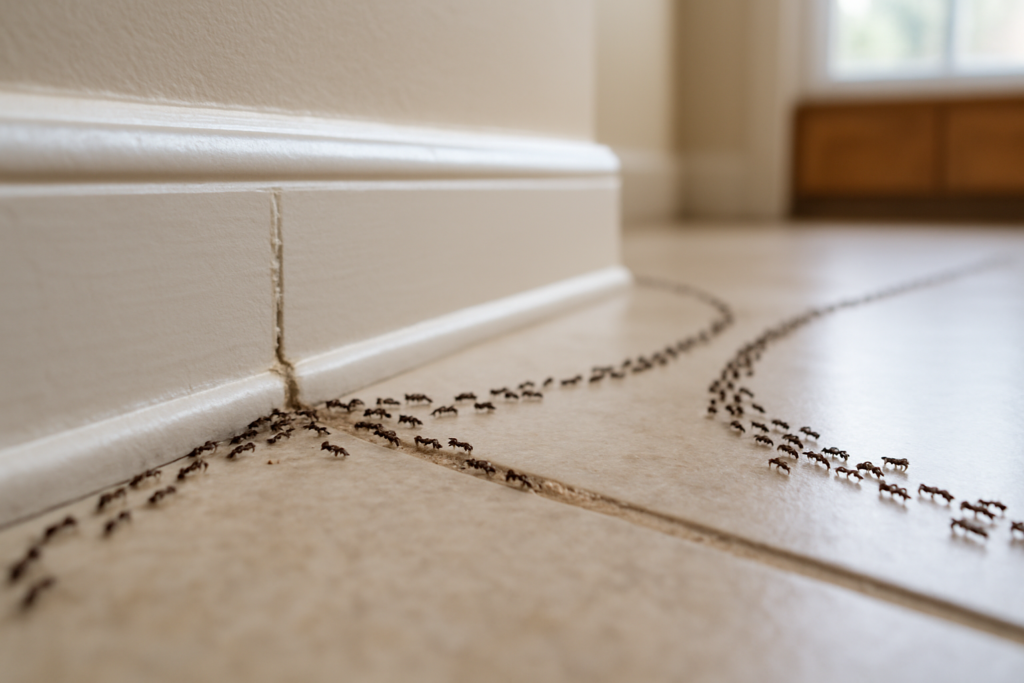 Ant trail splitting into two directions along a kitchen baseboard after treatment, showing recurring problem in Santa Cruz home.