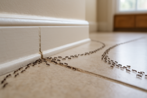 Ant trail splitting into two directions along a kitchen baseboard after treatment, showing recurring problem in Santa Cruz home.