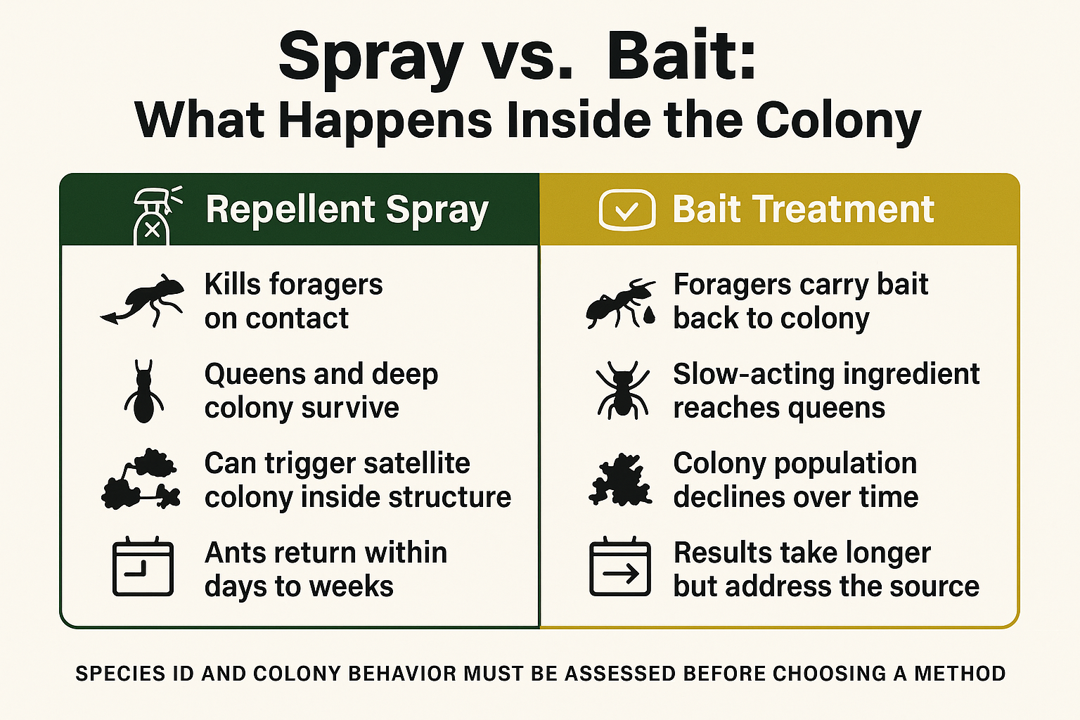 Infographic comparing how repellent spray and bait treatments affect ant colonies differently, showing why bait reaches queens while spray d