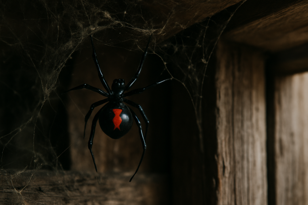 Western black widow spider showing red hourglass marking on underside, hanging in web in a dark garage corner.