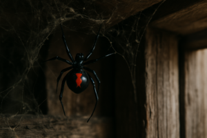 Western black widow spider showing red hourglass marking on underside, hanging in web in a dark garage corner.