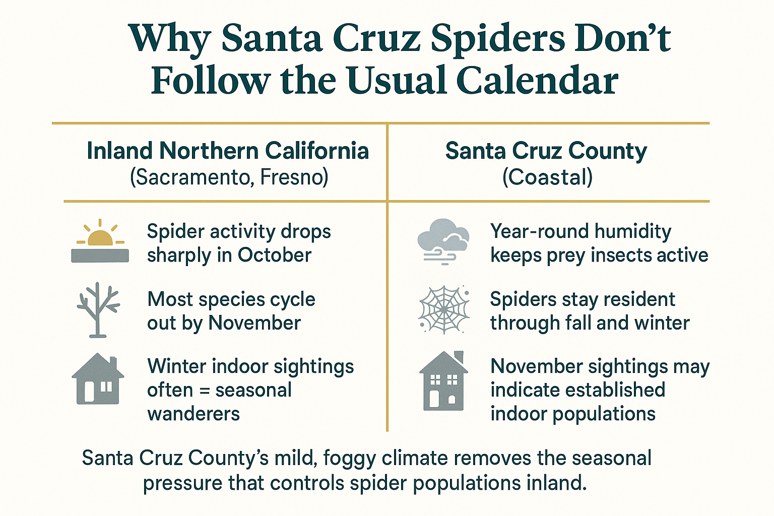 Infographic comparing spider activity timing in inland Northern California versus Santa Cruz County's coastal climate year-round.