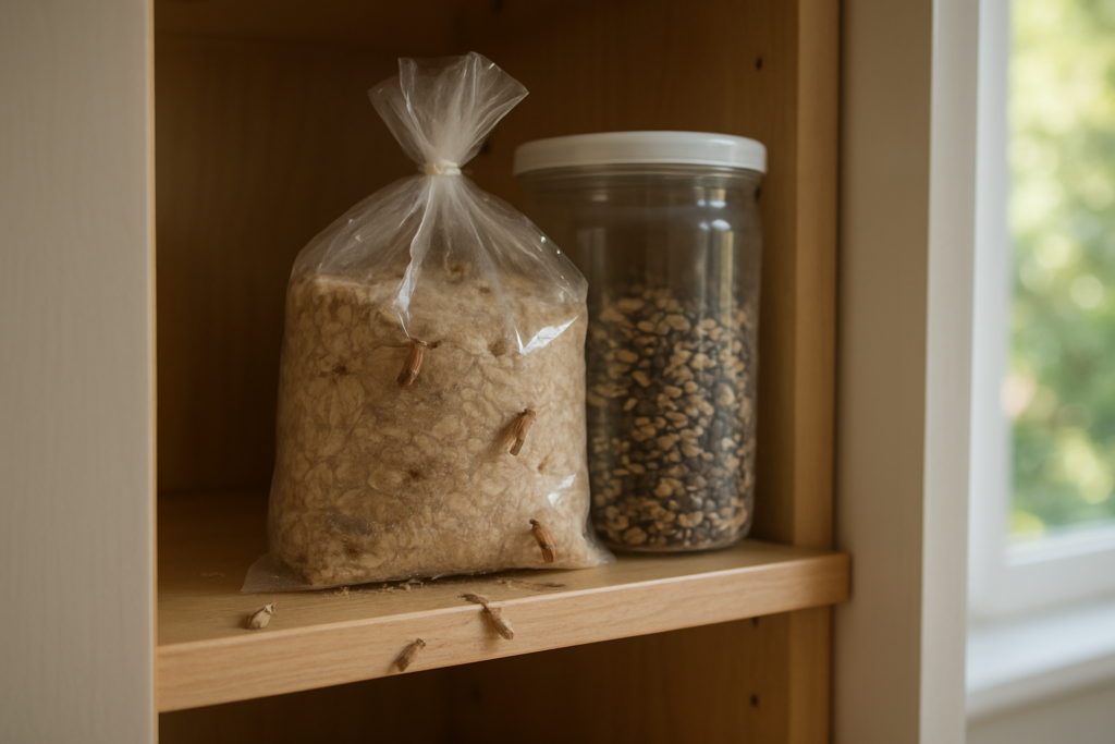 Silky webbing from pantry moths visible inside a kitchen cabinet on a bag of oats and birdseed