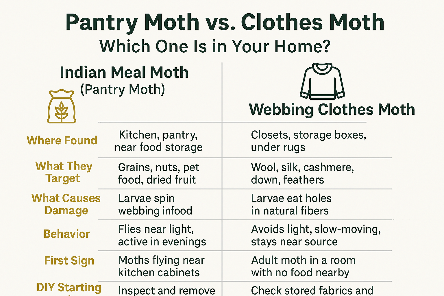 Infographic comparing Indian meal moths and webbing clothes moths by location, target, behavior, and first signs