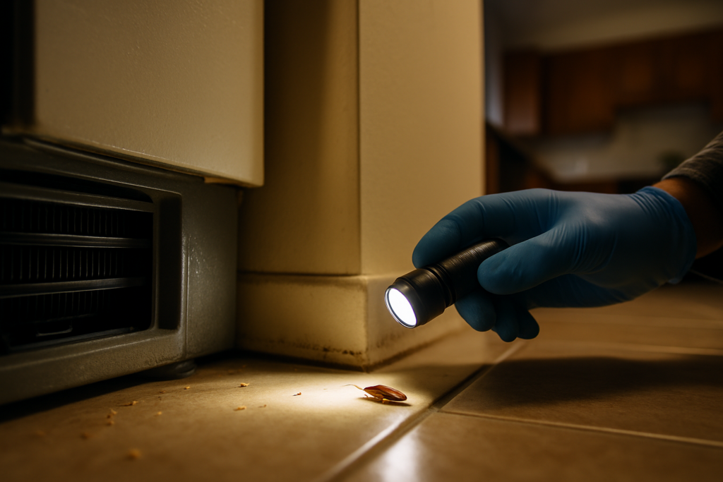 Gloved hand shining a flashlight behind a refrigerator during a kitchen cockroach inspection