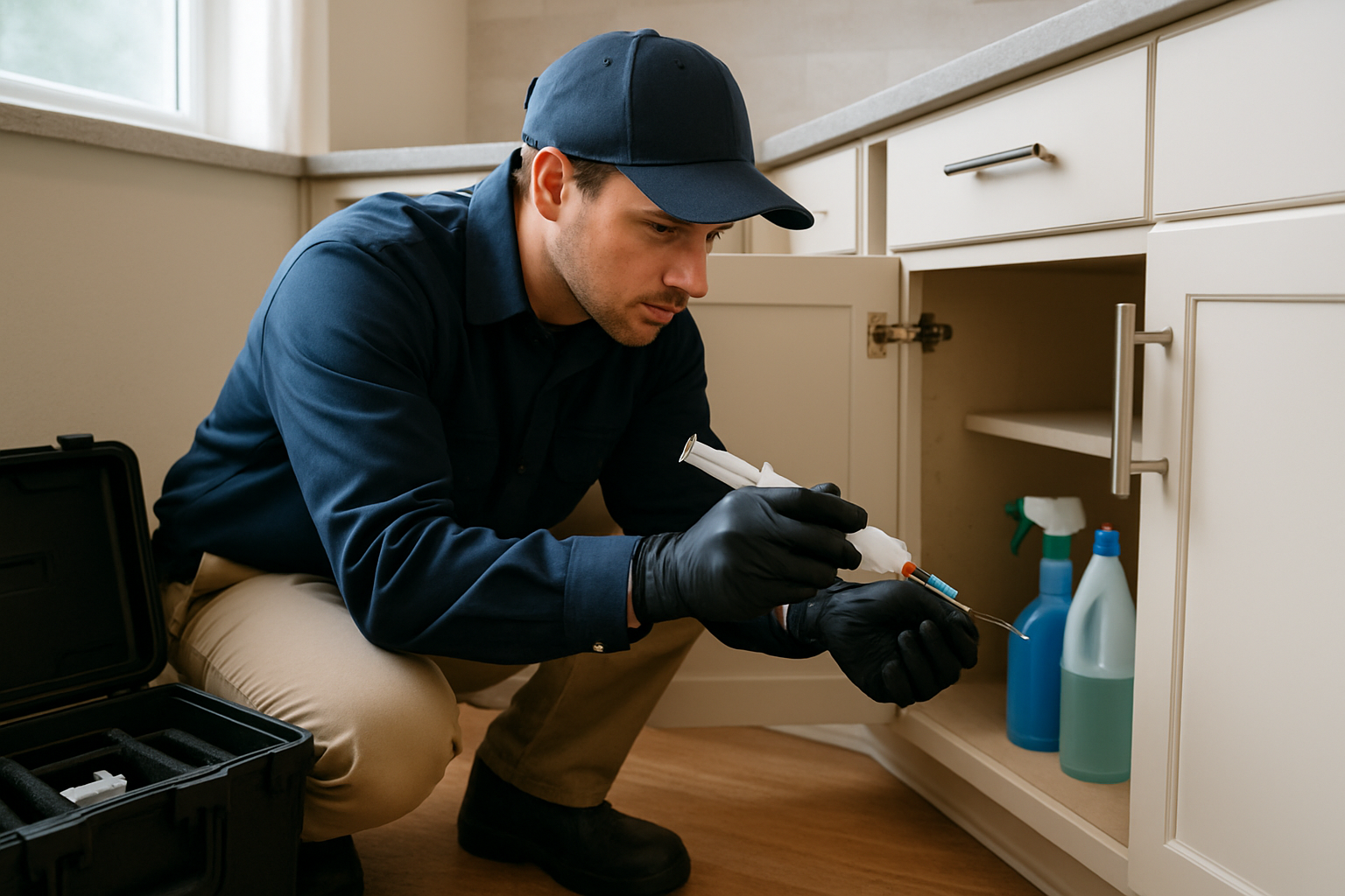 Technician applying gel bait under a kitchen cabinet during a cockroach treatment