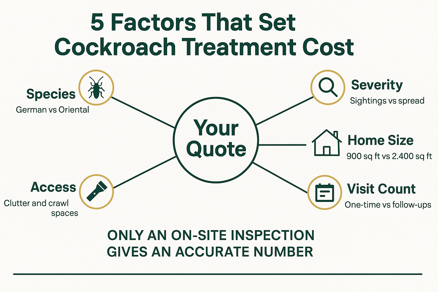 Infographic showing five factors that determine cockroach treatment cost, from species to visit count