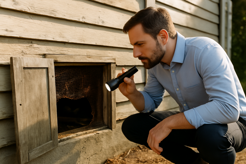 Property manager inspecting a deteriorated crawl space vent screen on an older Santa Cruz rental home