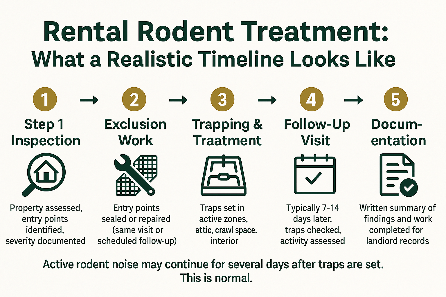 Infographic showing a 5-step rodent treatment timeline for rental properties, from inspection through documentation