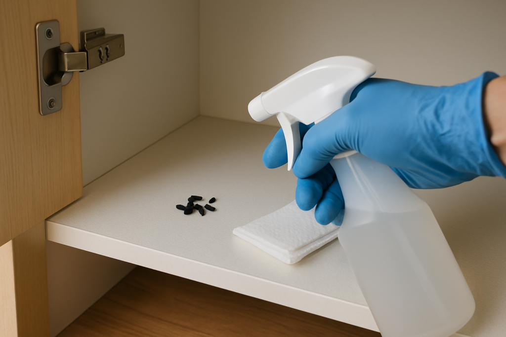 Gloved hand spraying disinfectant on rodent droppings inside a kitchen cabinet during cleanup