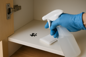 Gloved hand spraying disinfectant on rodent droppings inside a kitchen cabinet during cleanup
