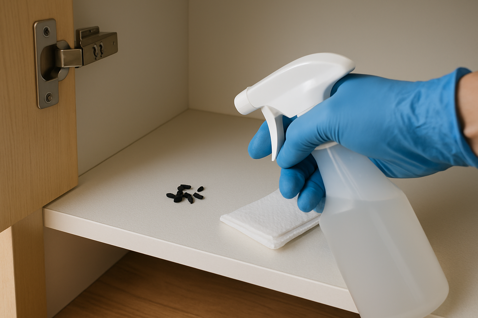Gloved hand spraying disinfectant on rodent droppings inside a kitchen cabinet during cleanup