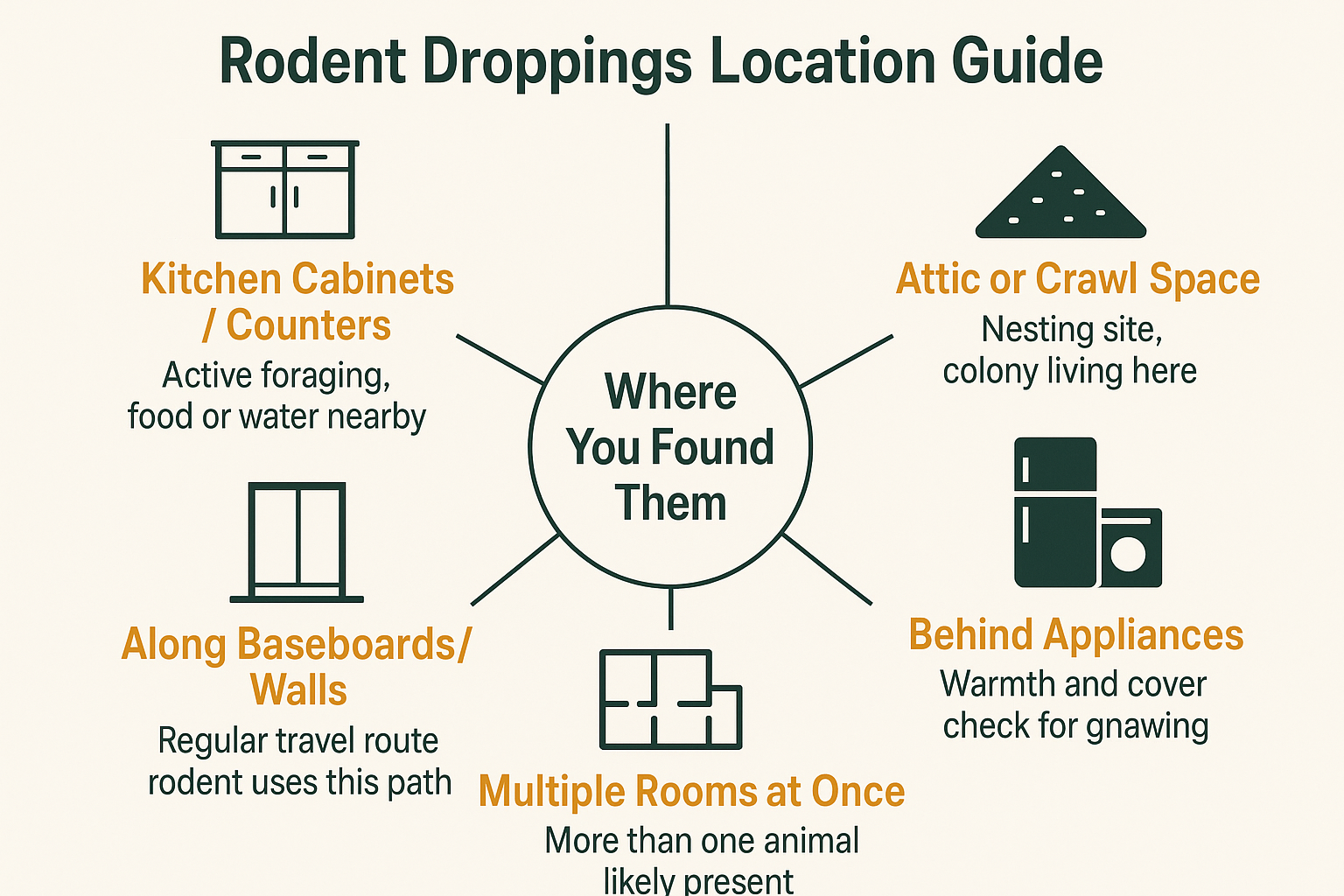 Infographic showing what rodent dropping locations in a home reveal about rodent movement and nesting behavior