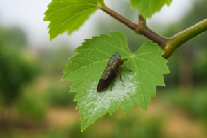 Glassy-winged sharpshooter on a grapevine leaf with white chalky residue, a sign of active infestation in a garden.