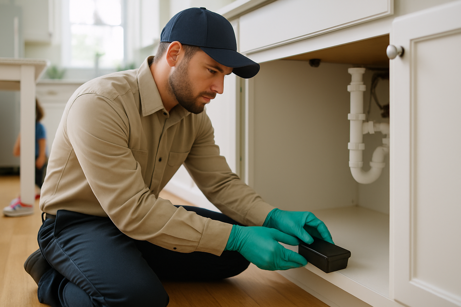Pest control technician placing a bait station inside a kitchen cabinet while a child stands nearby in a Santa Cruz home.