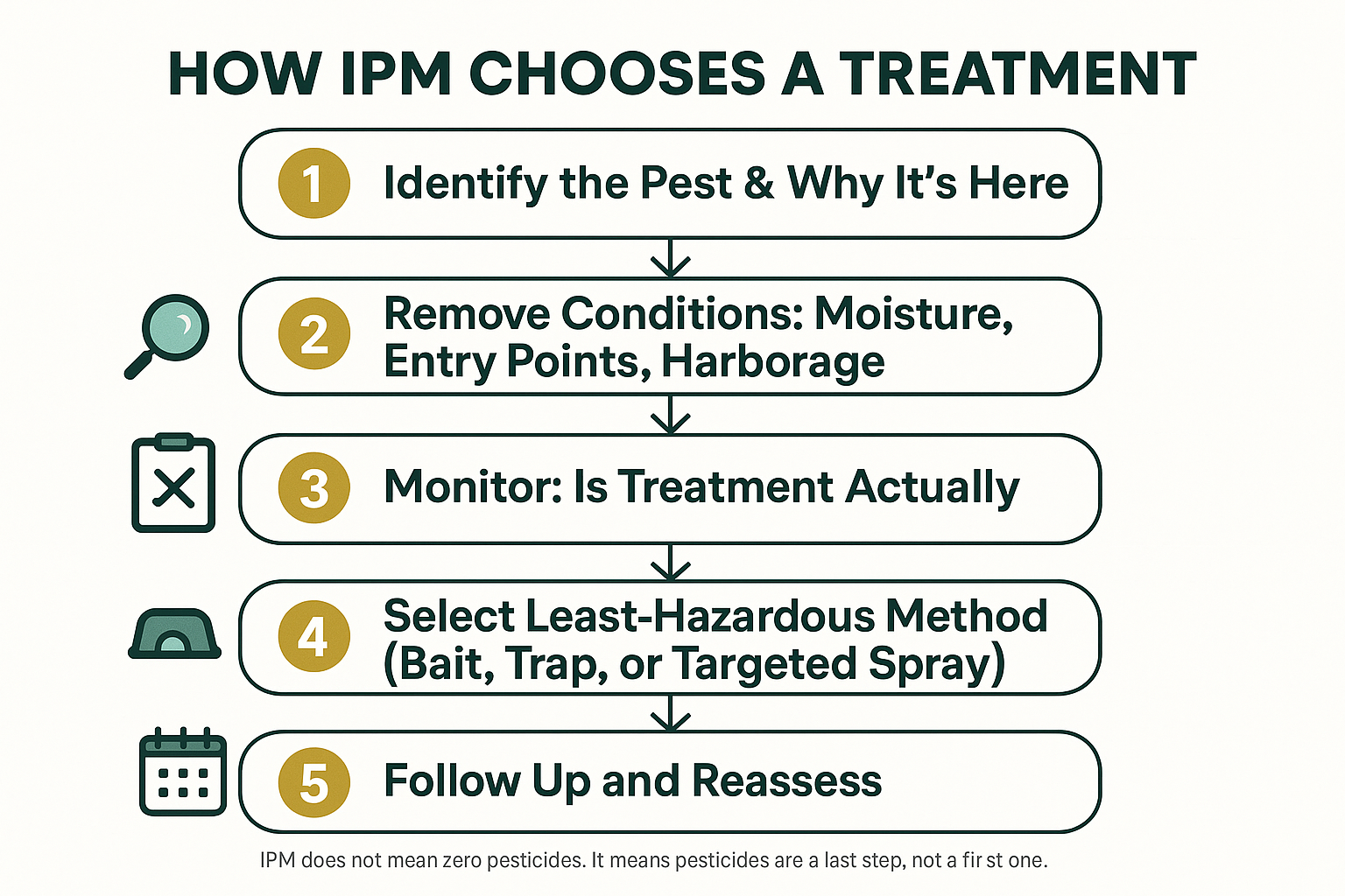 Infographic showing the five-step IPM decision process used in pest control for homes with kids and pets.