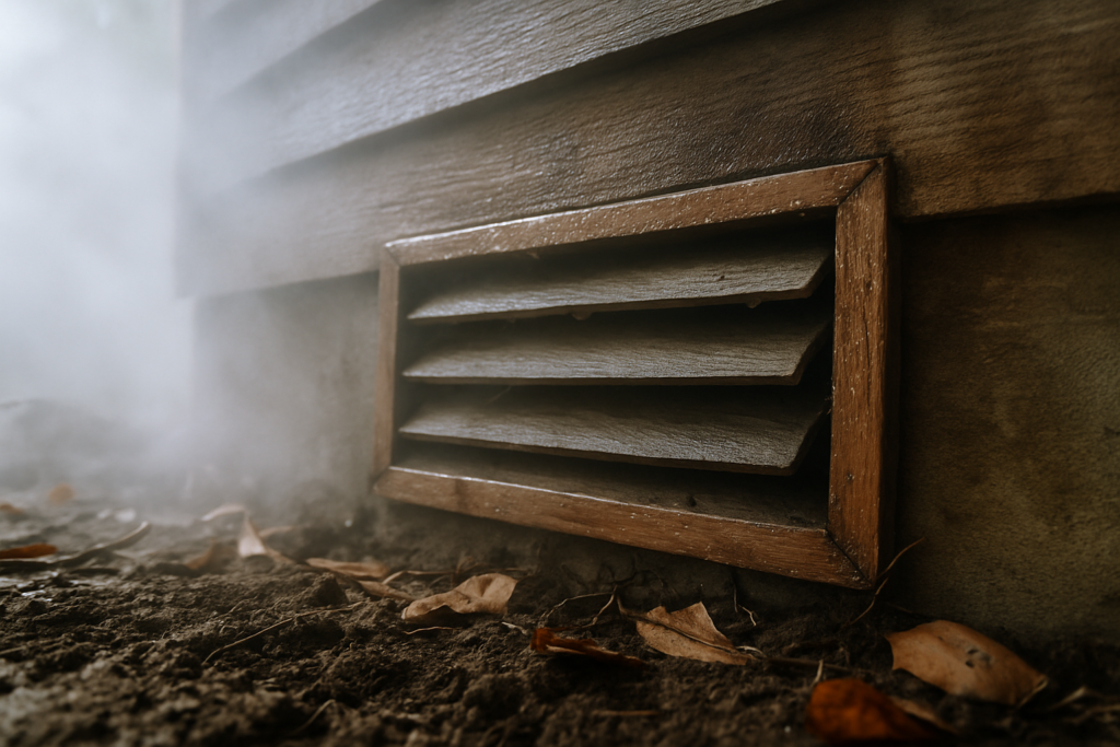 Foggy morning condensation on a crawl space vent of a coastal Santa Cruz home