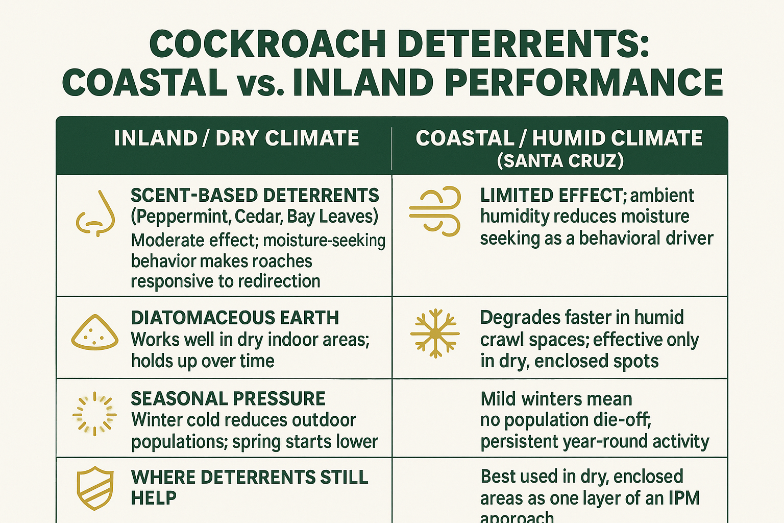 Infographic comparing effectiveness in coastal Santa Cruz versus dry inland California climates