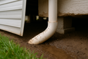 Skirting panel pulled back on a mobile home revealing ants trailing up a pipe into the floor