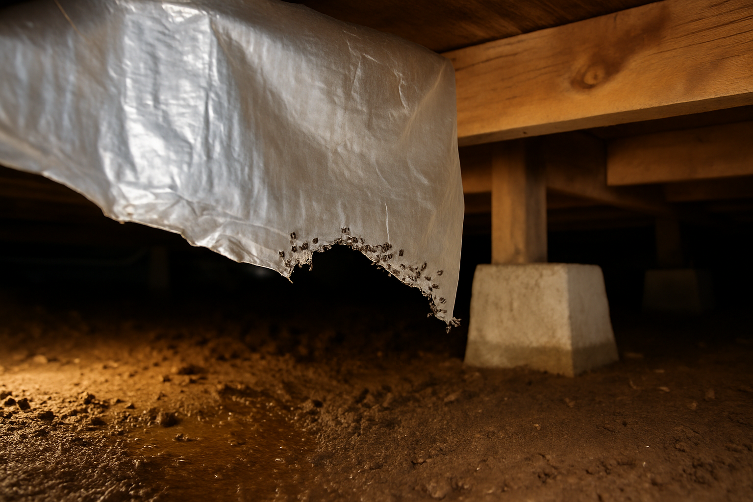 Torn belly wrap insulation under a manufactured home with ants moving along the edge