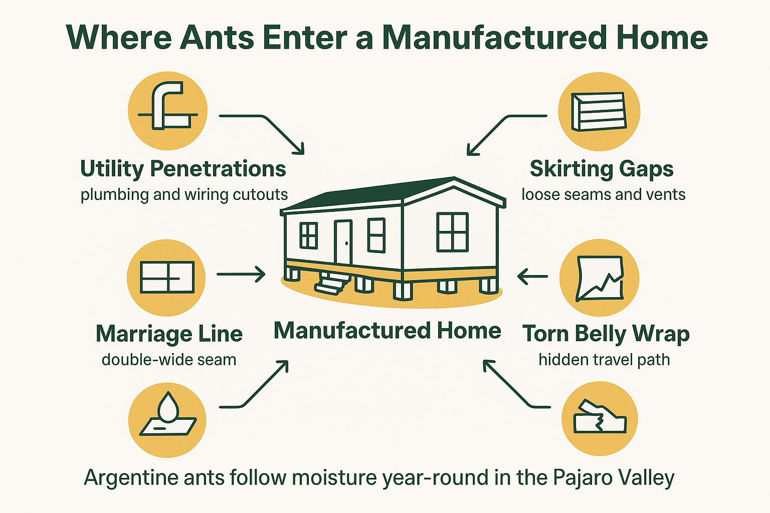 Infographic showing five common ant entry points in a manufactured home, from skirting gaps to torn belly wrap