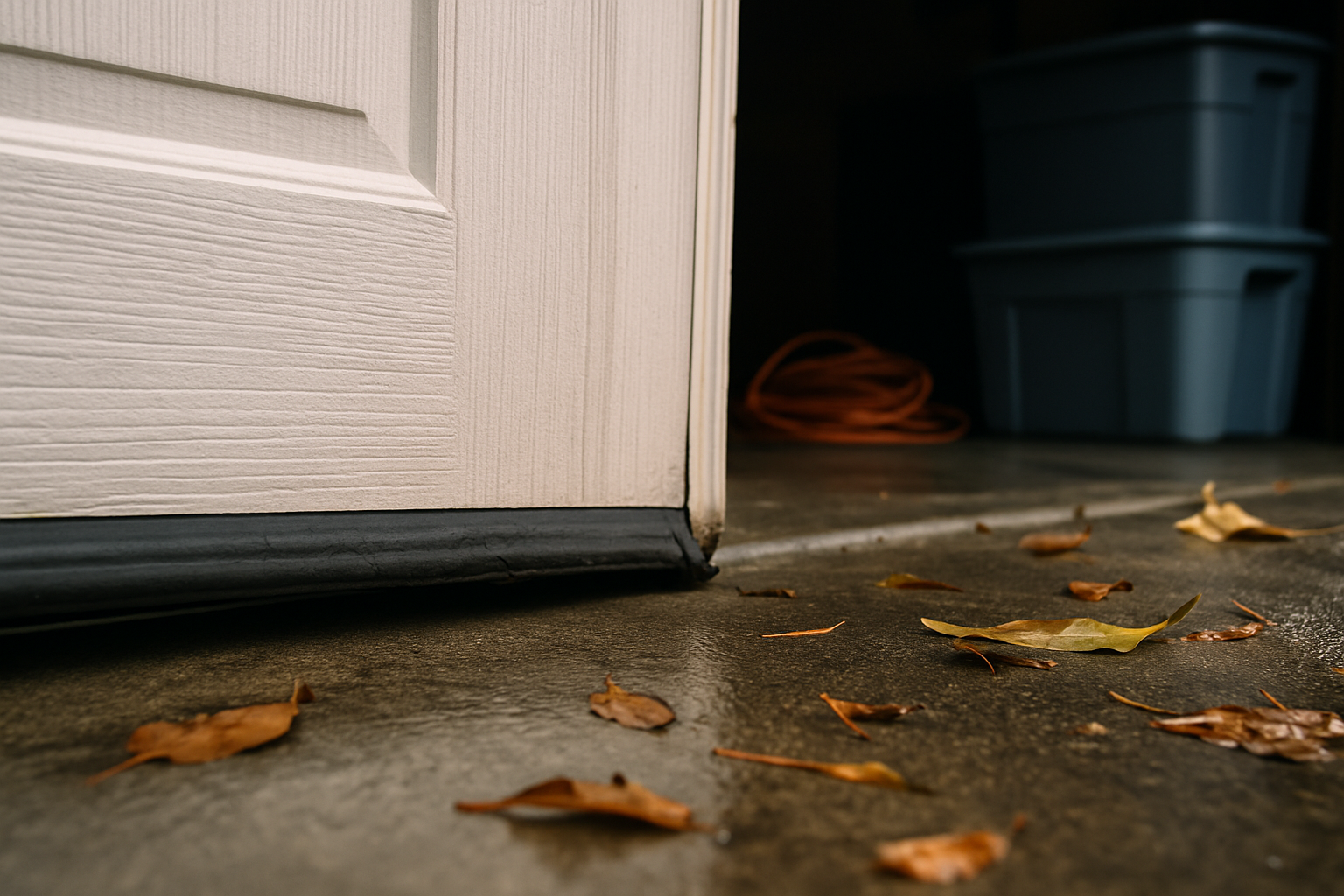 Worn garage door seal leaving a gap above damp concrete, a common rodent entry point