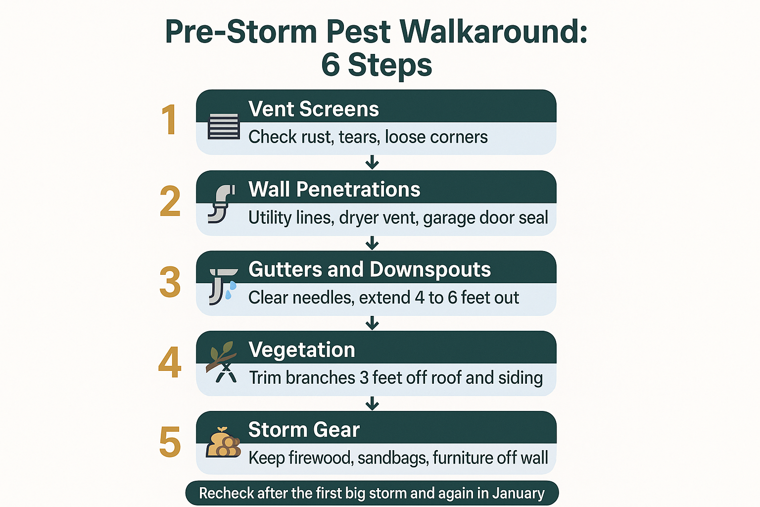 Infographic showing a six step pre-storm pest walkaround checklist for Santa Cruz County homes