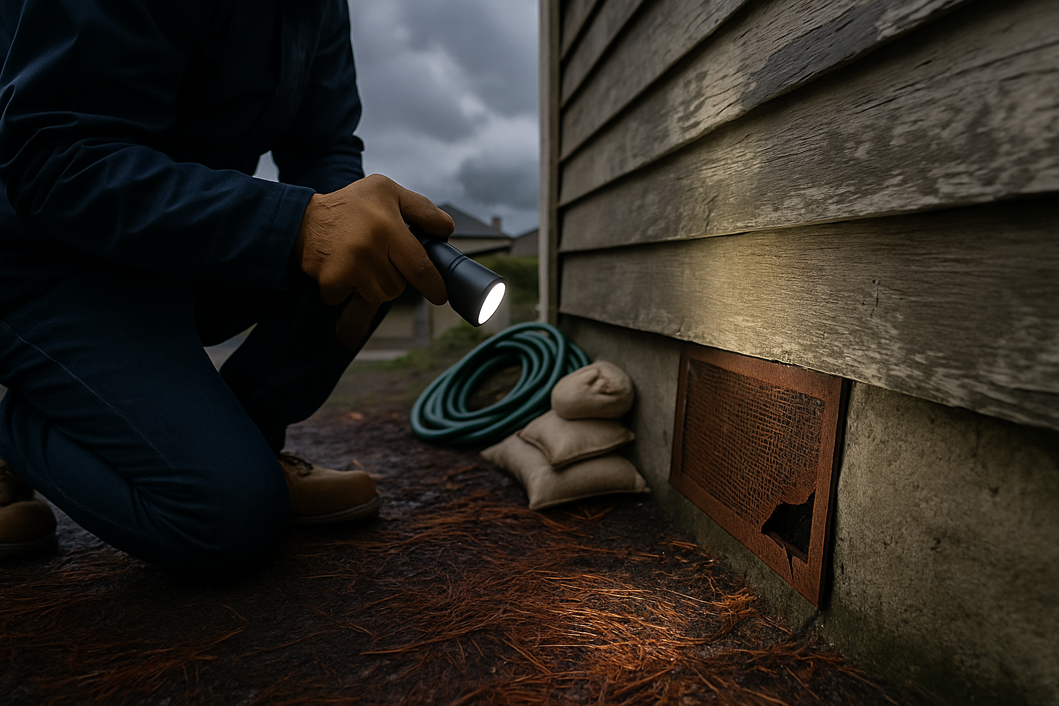 Homeowner inspecting a rusted crawl space vent screen at a foundation before storm season