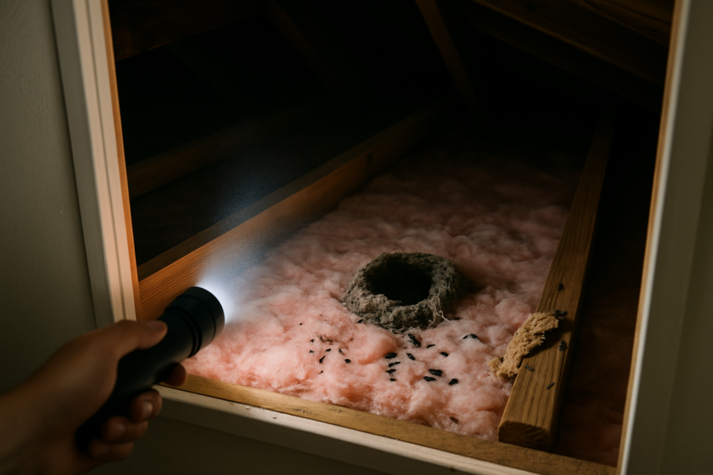 Flashlight beam on an abandoned rodent nest in attic insulation, a common source of biting mites in homes