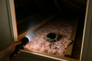 Flashlight beam on an abandoned rodent nest in attic insulation, a common source of biting mites in homes