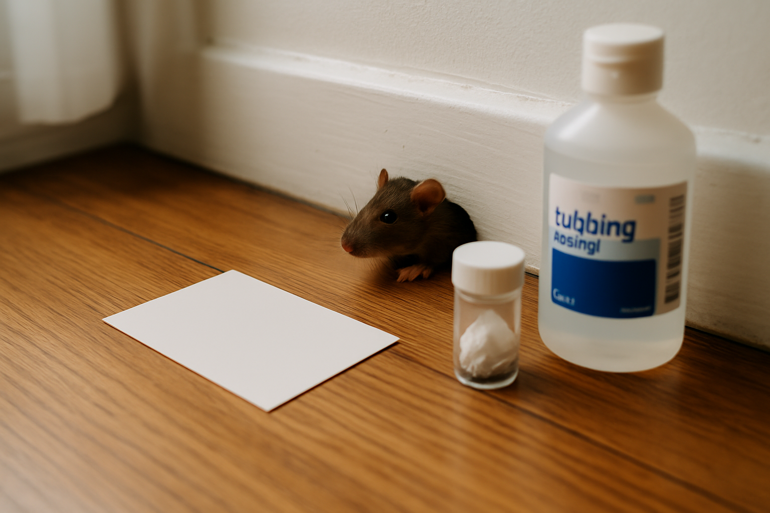 Sticky monitor card along a bedroom baseboard next to a specimen vial and rubbing alcohol for collecting mites