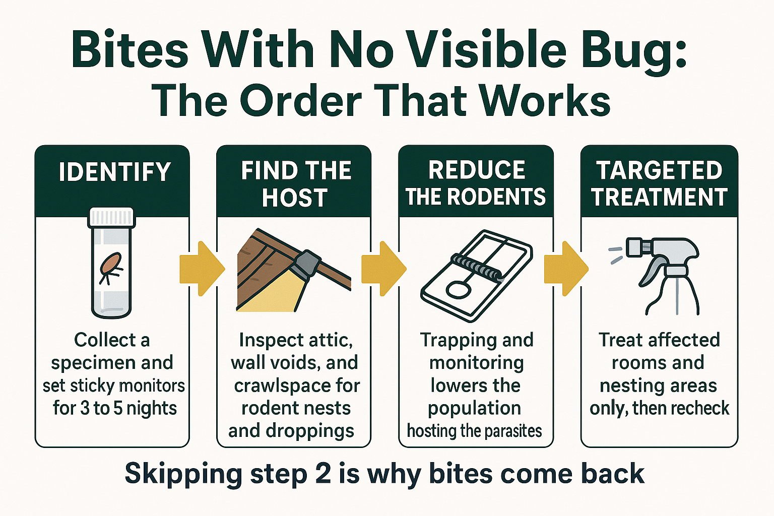 Infographic showing the four step order for resolving unexplained night bites caused by rodent mites