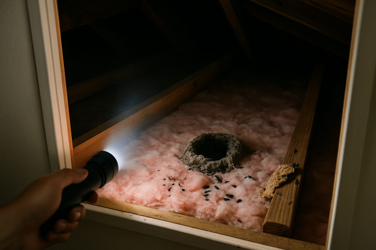 Flashlight beam on an abandoned rodent nest in attic insulation, a common source of biting mites in homes