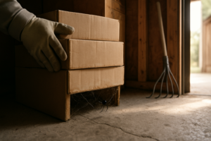 Gloved hand lifting garage boxes to reveal a tangled black widow web in a dark corner