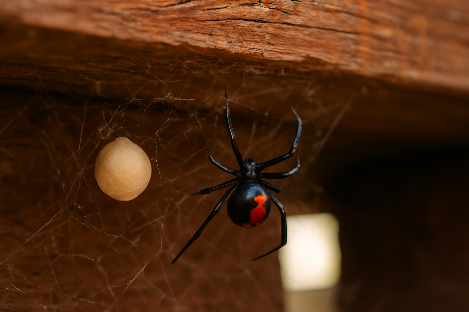 Close-up of a black widow spider hanging upside down under a deck board showing its red hourglass