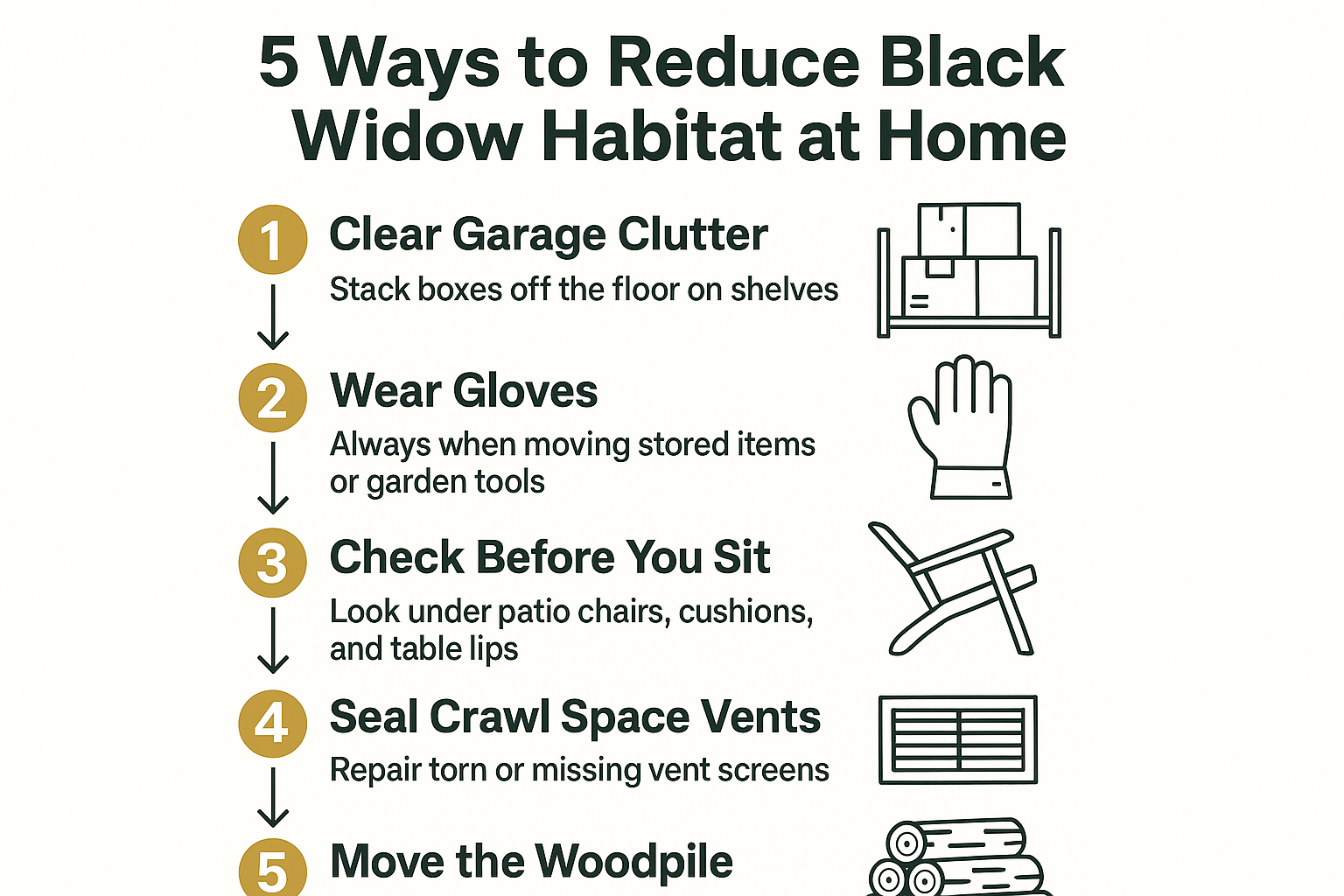 Infographic showing five prevention steps that reduce black widow habitat around a home