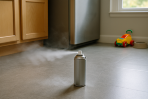 Aerosol bug bomb fogger releasing mist on a kitchen floor near a pet bowl and child's toy