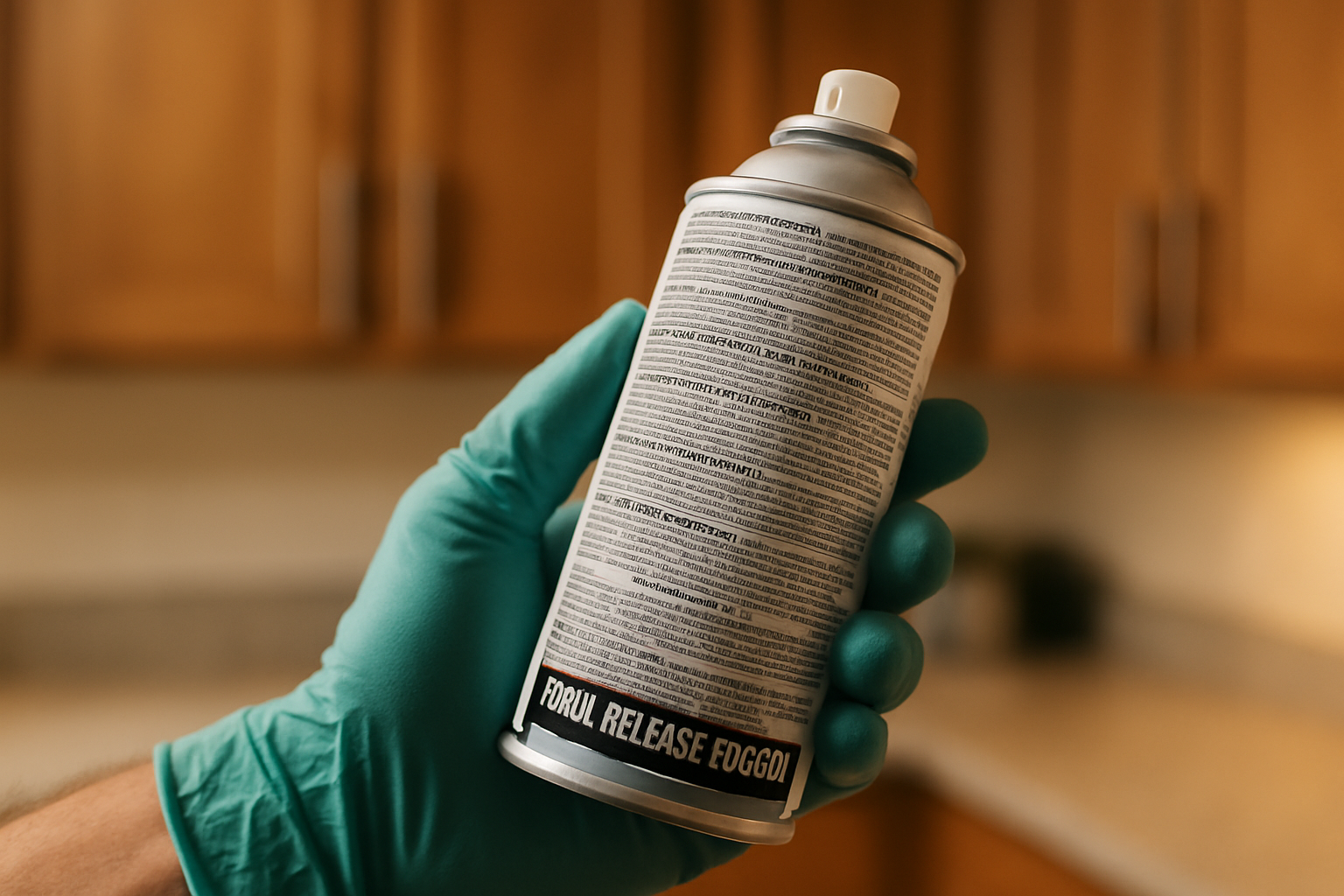 Gloved hand reading the fine print on the back of an aerosol pesticide can in a kitchen