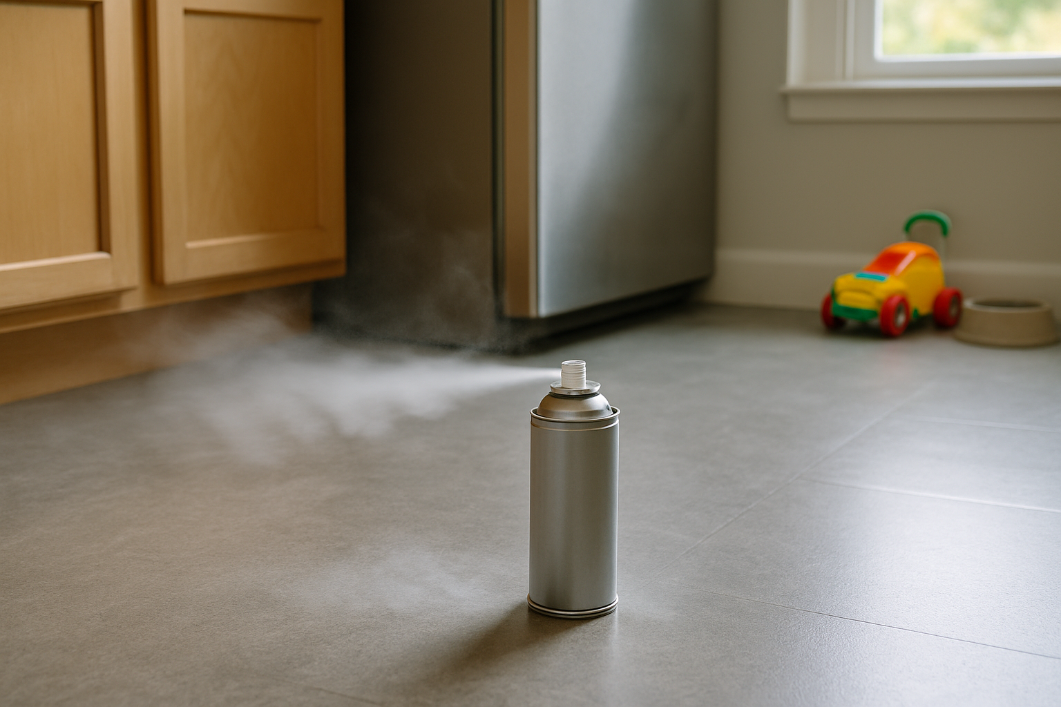 Aerosol bug bomb fogger releasing mist on a kitchen floor near a pet bowl and child's toy