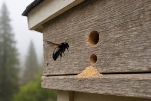 Round carpenter bee hole in weathered redwood fascia with sawdust below and a black bee hovering nearby