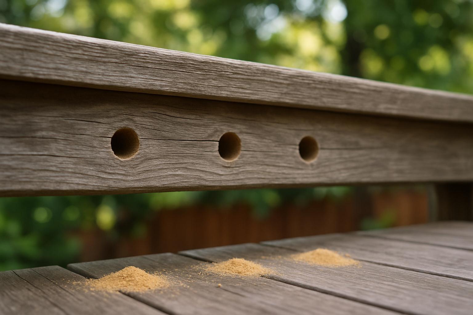 Three round carpenter bee holes in the underside of a weathered deck railing with sawdust below