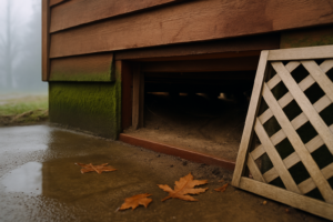 Crawl space vent under an older raised Santa Cruz home showing dry dirt where fleas survive winter