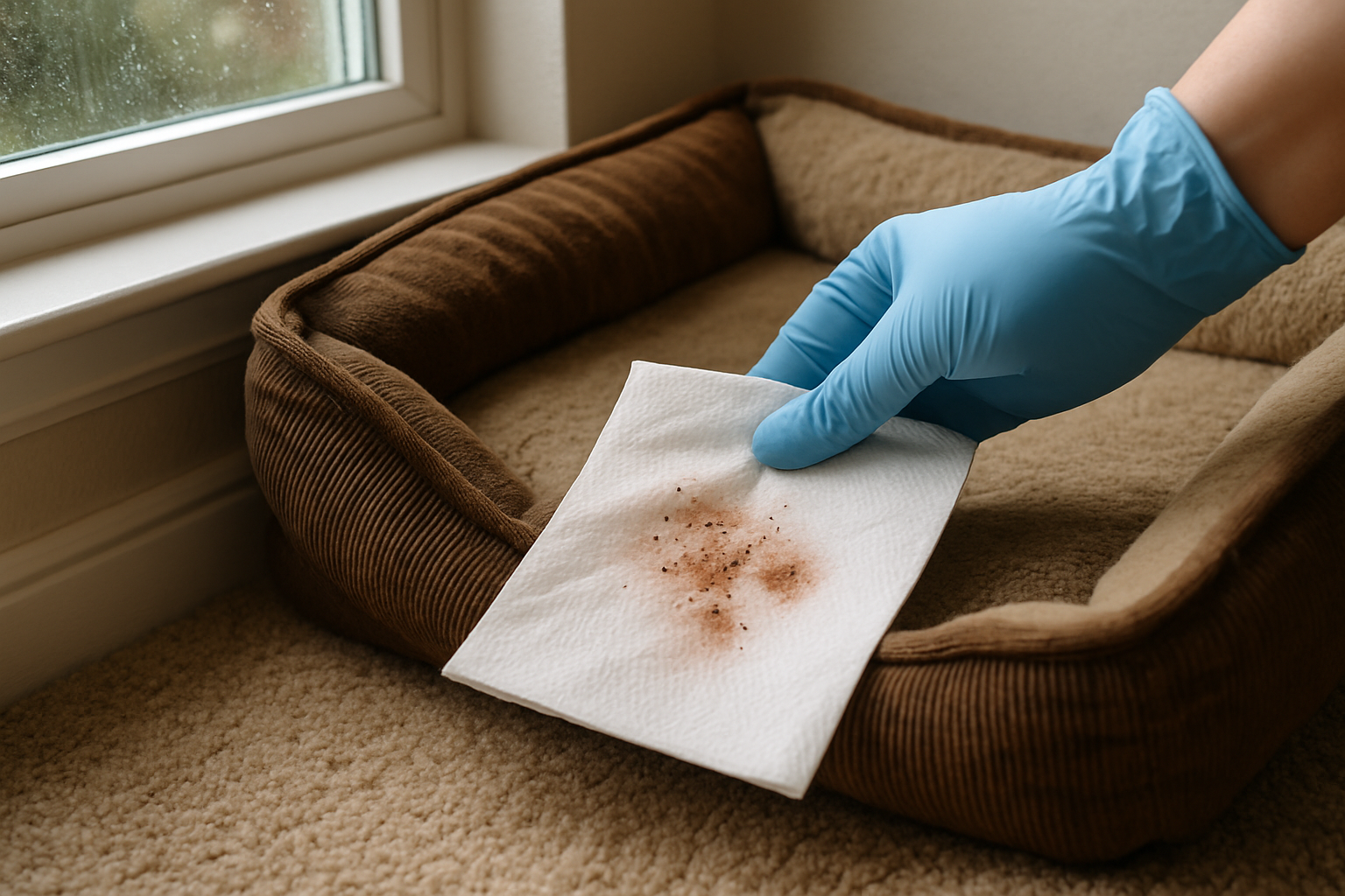 Damp paper towel test on a dog bed showing black flea dirt specks smearing reddish brown