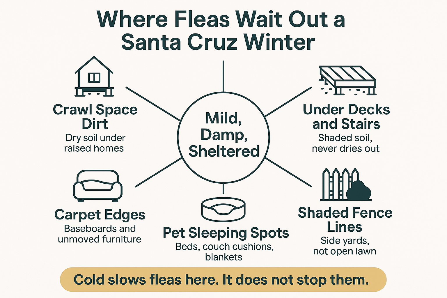 Infographic showing five places fleas survive winter in Santa Cruz homes and yards