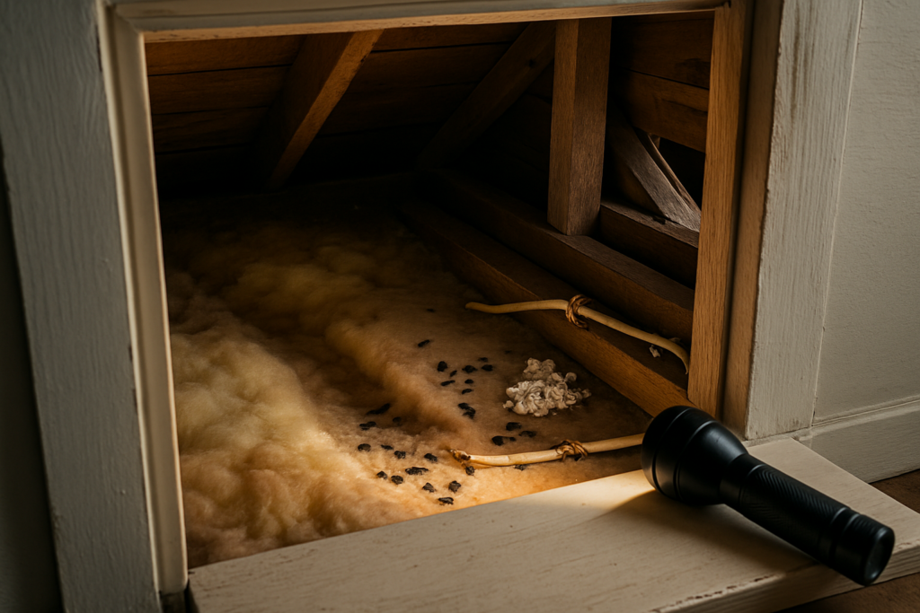 Flashlight beam over attic insulation showing rodent droppings, shredded nesting material and a chewed wire