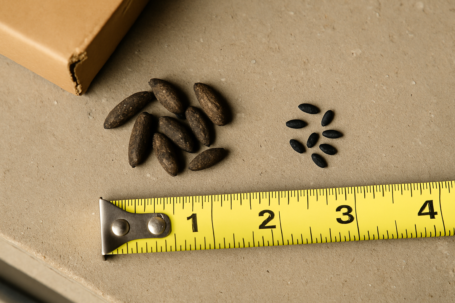 Large rat droppings next to smaller mouse droppings on a garage shelf with a tape measure for scale