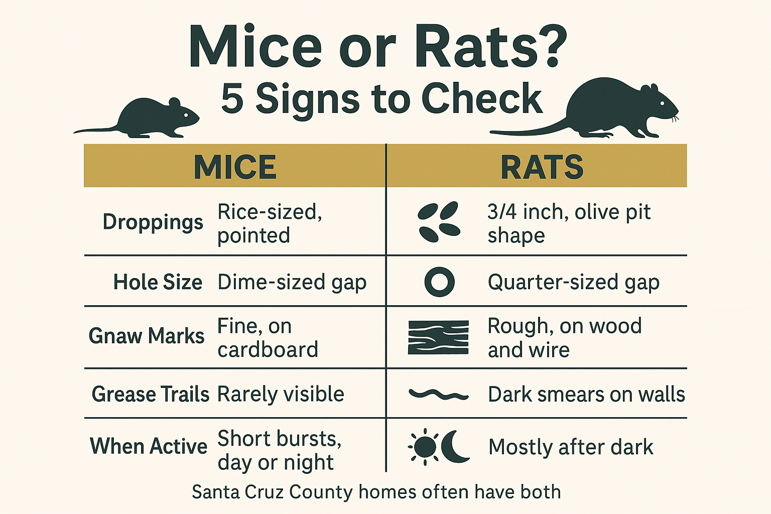 Infographic comparing mouse and rat droppings, hole size, gnaw marks, grease trails and activity timing