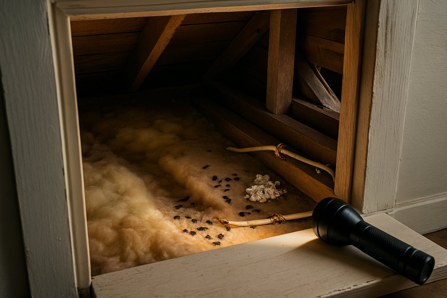 Flashlight beam over attic insulation showing rodent droppings, shredded nesting material and a chewed wire