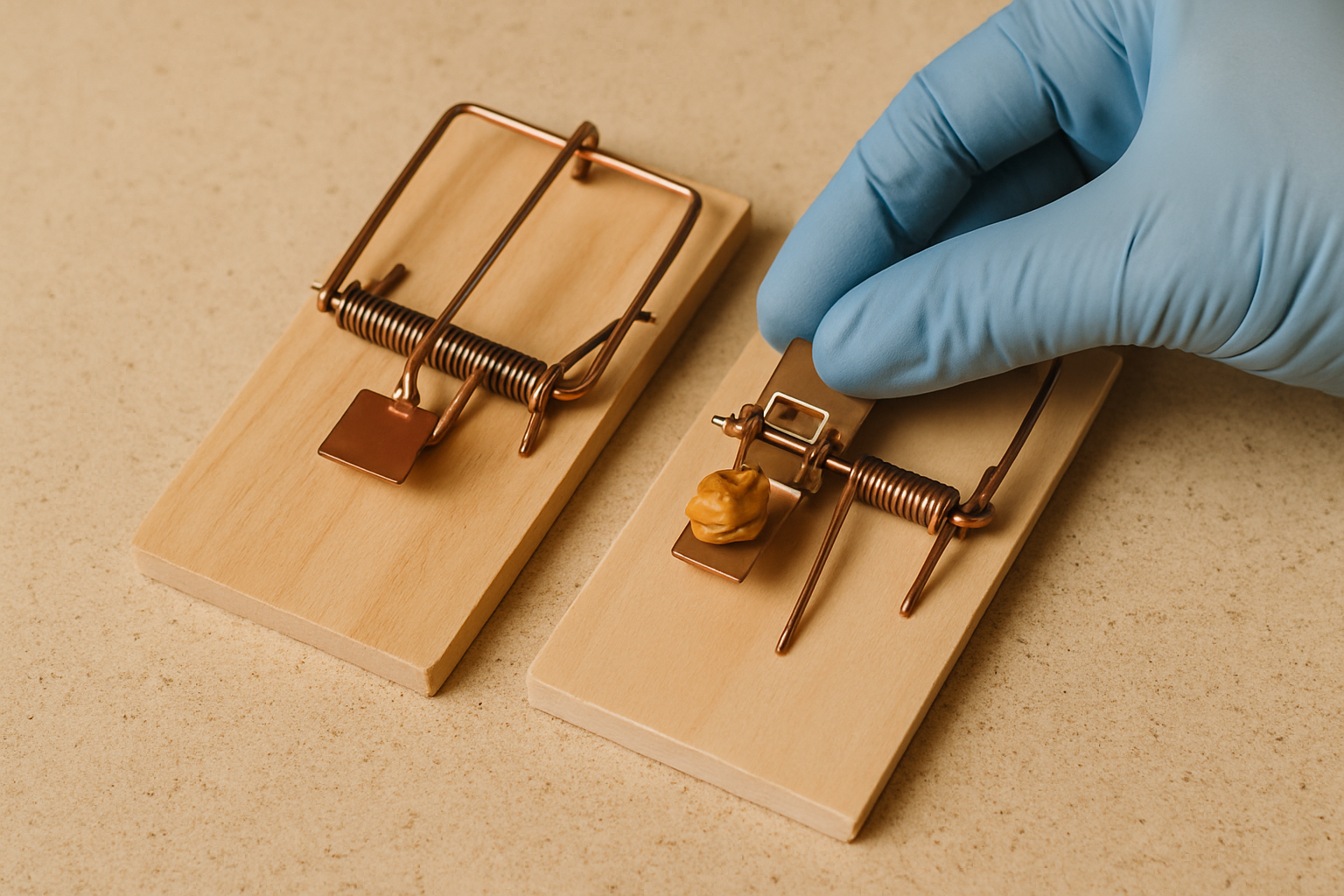 Gloved hand baiting a snap trap trigger with a small smear of peanut butter next to a second trap