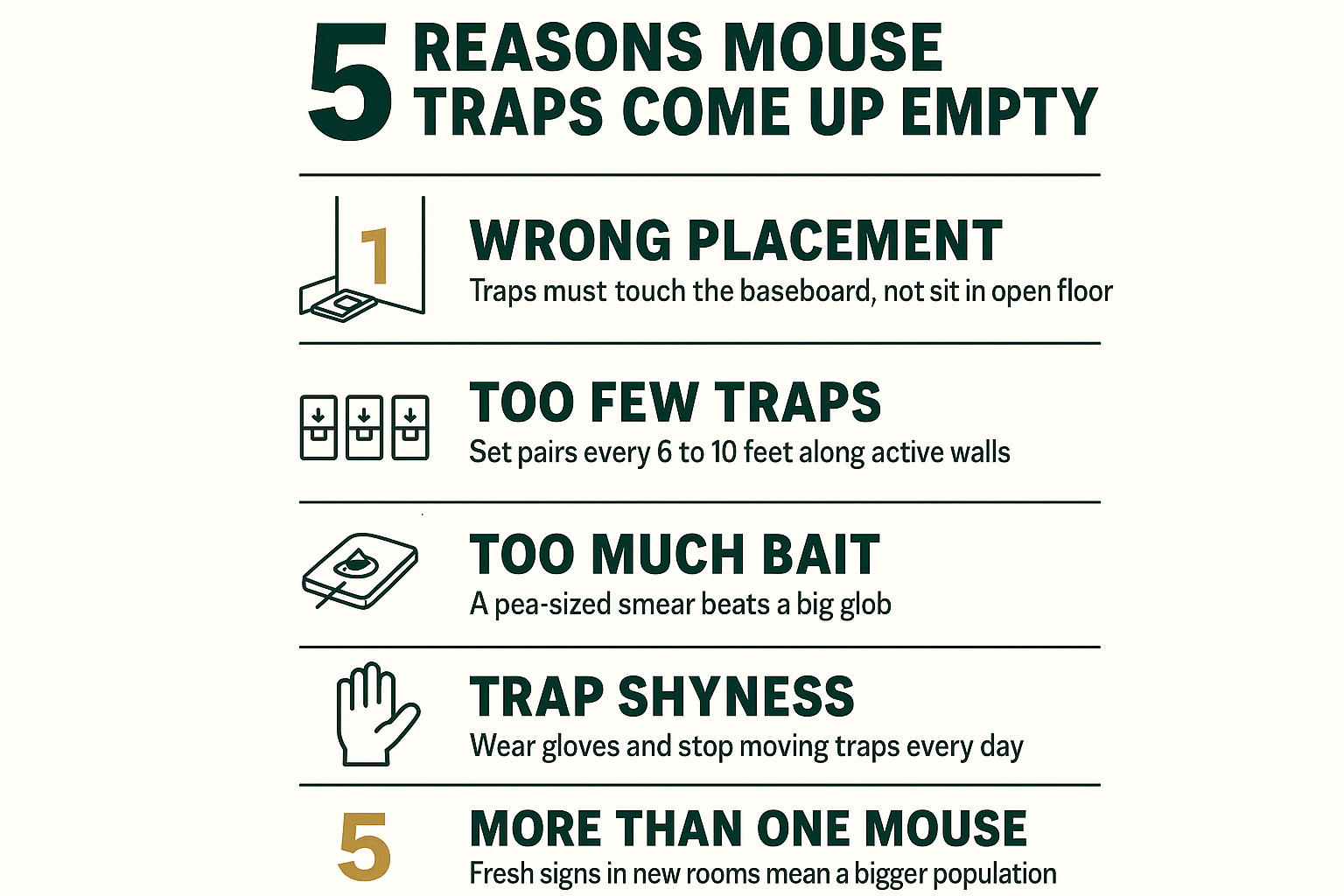 Infographic listing five reasons mouse traps come up empty, from placement to trap shyness